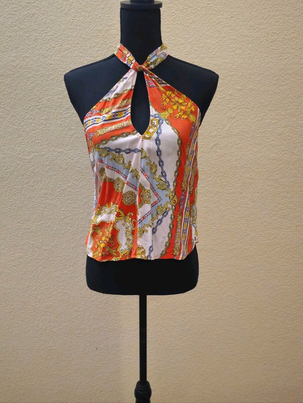 Forever 21 Orange, White & Gold Scarf-Print Halter Cami
